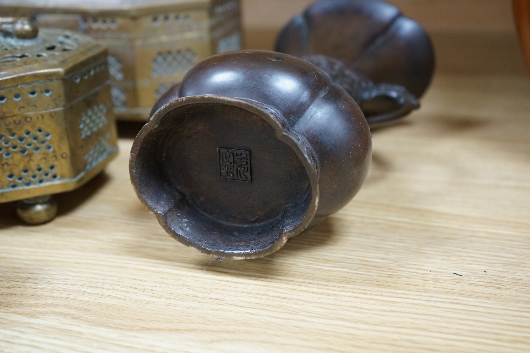 A Japanese archaistic bronze vase, seal mark to base, together with two Indian brass Paan boxes and a Medieval revival bronze casket, tallest 26cm